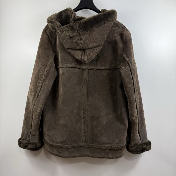 Vintage Jones New York Sport Brown Suede Faux Fur Coat Large Hooded Penny Lane - Picture 14 of 15
